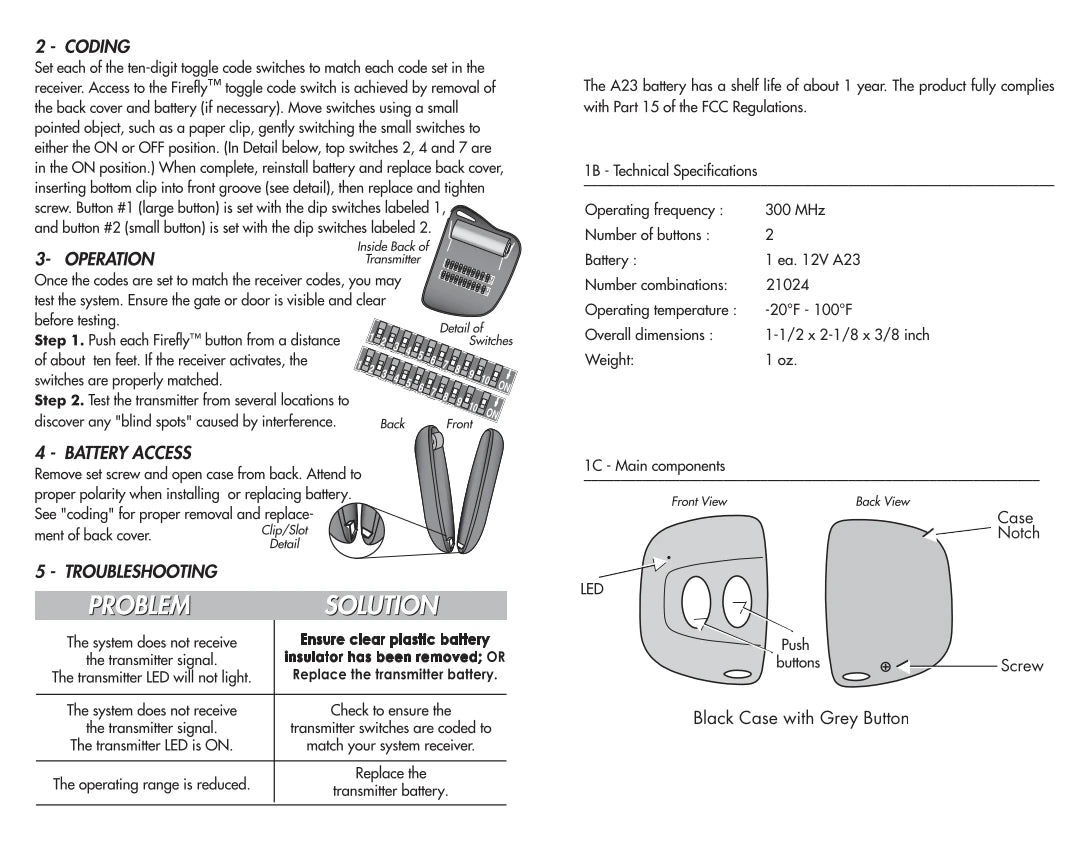 Linear Multi-Code 3083 Compatible - 300MHz Firefly Keychain Remote 2-Button 10-Dip