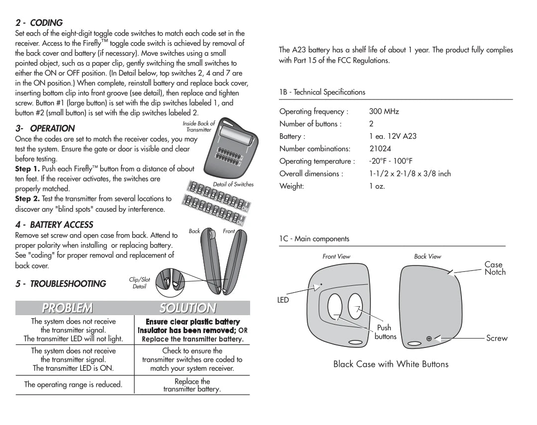 Linear Mini-T Ladybug Delta 3 Compatible - 310MHz Firefly Keychain Remote 2-Button 8-Dip