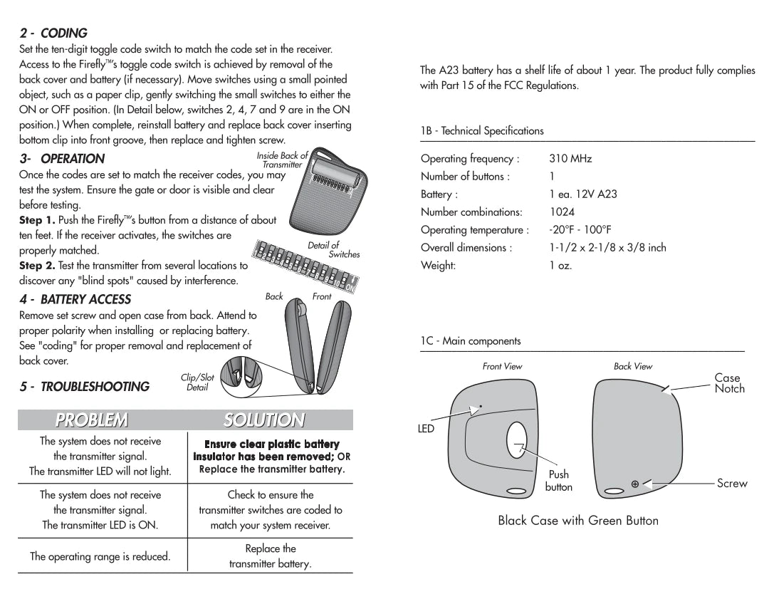 Stanley 1082 Compatible - 310MHz Firefly Keychain Remote 1-Button 10-Dip