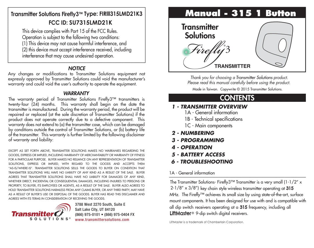 Liftmaster 361LM Compatible - 315MHz Firefly Keychain Remote 1-Button 9-Dip