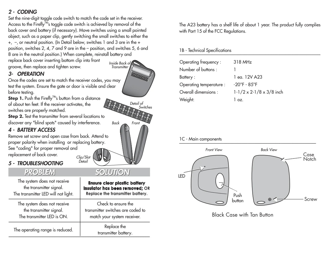 Allstar 9931 9931T, Heddolf, GTO Mighty Mule Compatible - 318MHz Firefly Keychain Remote 1-Button 9-Dip