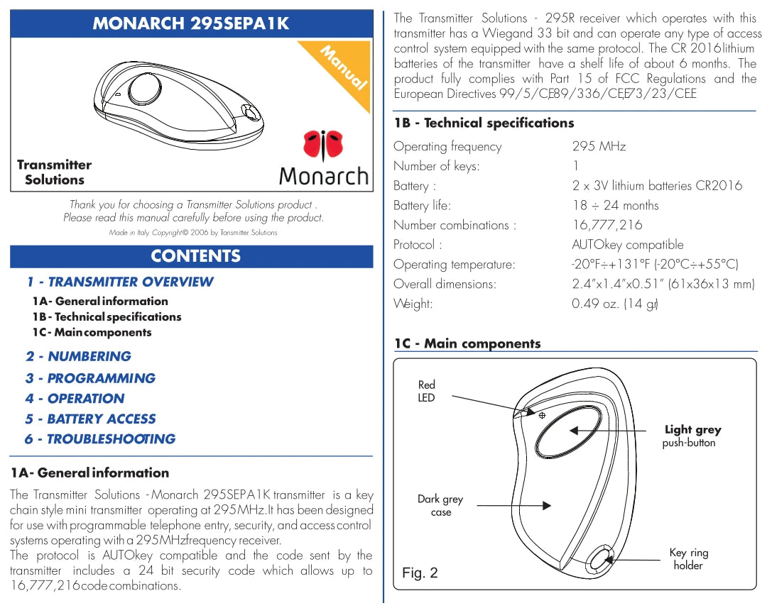 Sentex AUTOKey Compatible - 295MHz Monarch Keychain Remote 1-Button