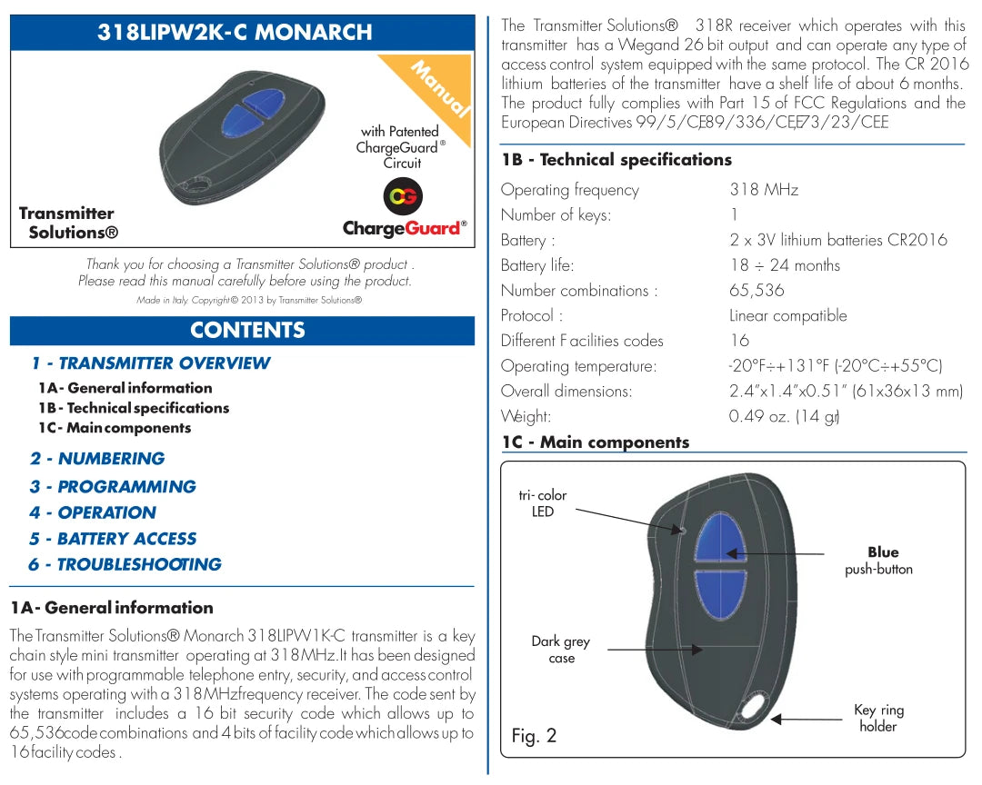 Linear ACT-31B ACT-21B Compatible - 318MHz Monarch Keychain Remote 2-Button 318LIPW2K