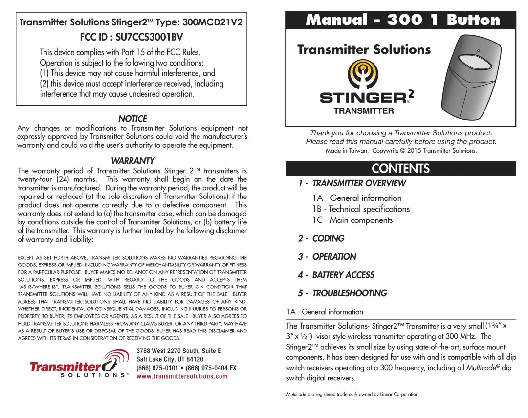 Linear Multi-Code 3089 Compatible - 300MHz Stinger Visor Remote 1-Button 10-Dip
