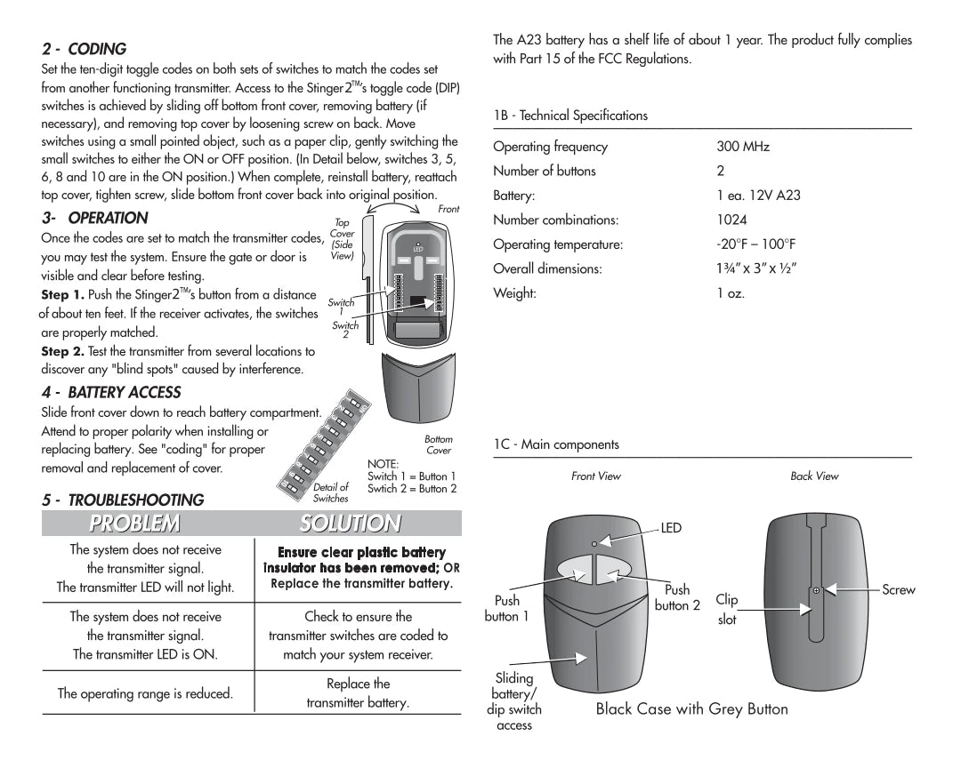 Linear Multi-Code 4120 Compatible - 300MHz Stinger Visor Remote 2-Button 10-Dip