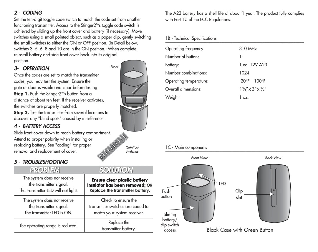 Stanley 1050 Compatible - 310MHz Stinger Visor Remote 1-Button 10-Dip