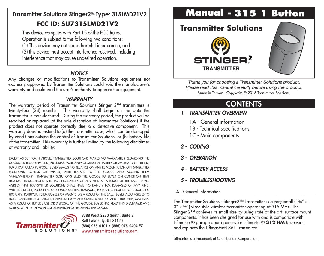 Liftmaster 361LM Compatible - 315MHz Stinger Visor Remote 1-Button 9-Dip
