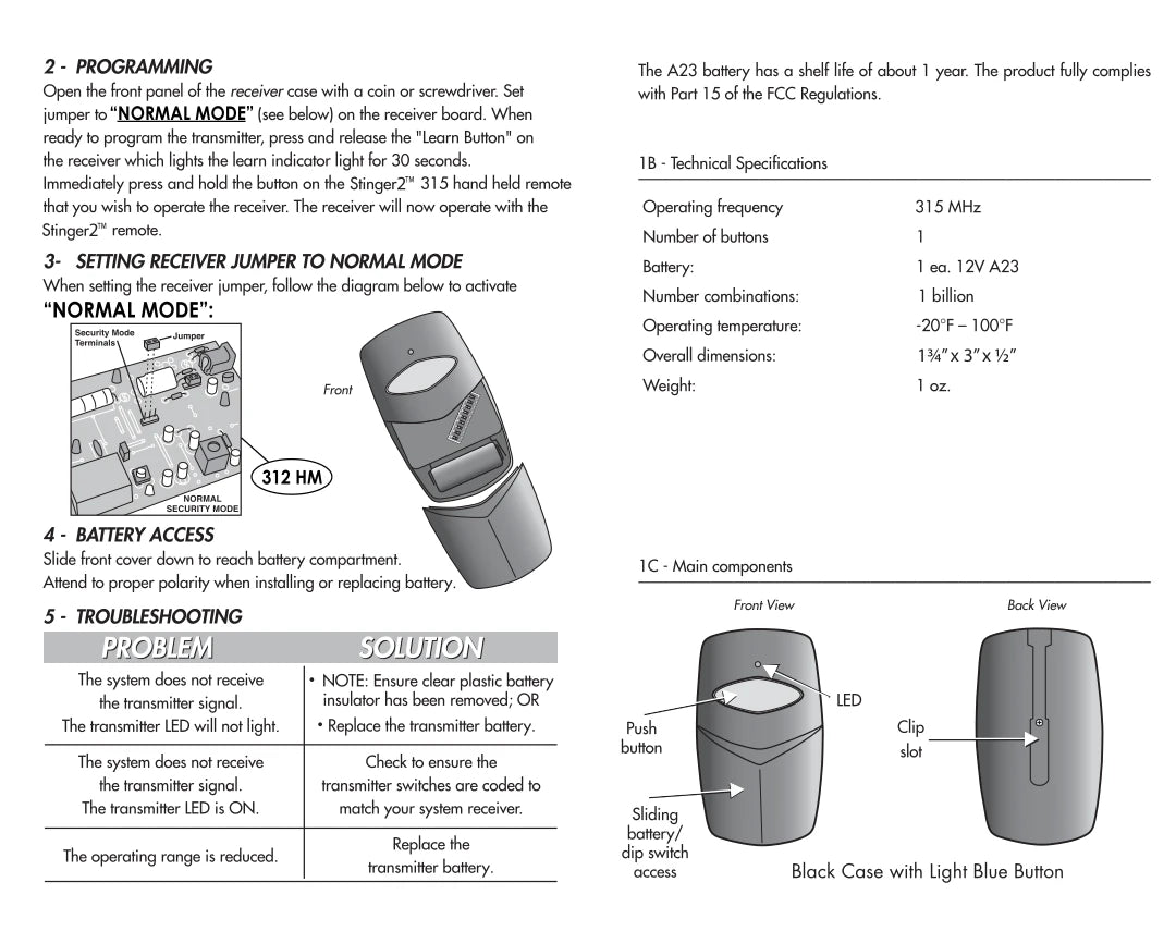 Liftmaster 361LM Compatible - 315MHz Stinger Visor Remote 1-Button 9-Dip