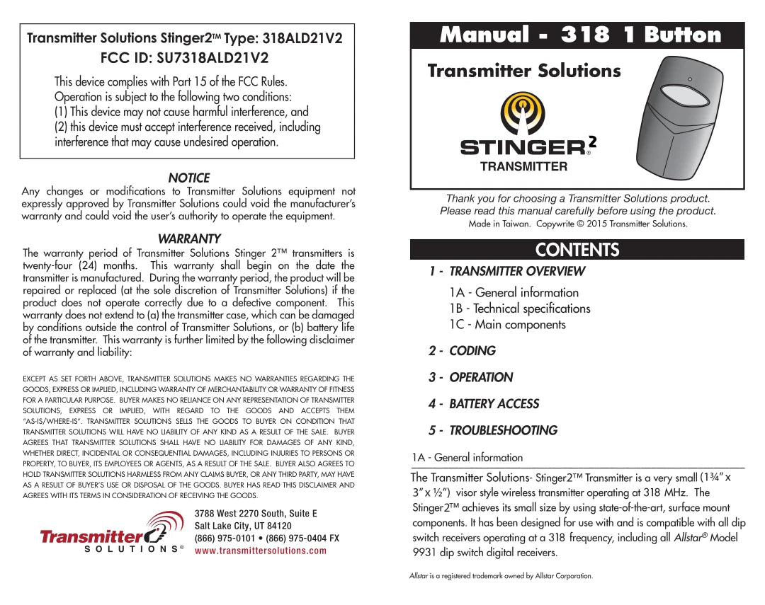 Allstar 9921 9921T Compatible - 318MHz Stinger Visor Remote 1-Button 9-Dip 318ALD21V