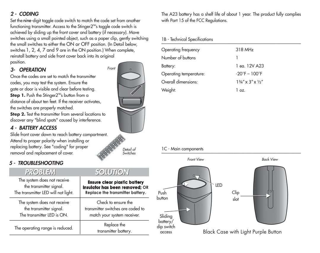 Allstar 9921 9921T Compatible - 318MHz Stinger Visor Remote 1-Button 9-Dip 318ALD21V