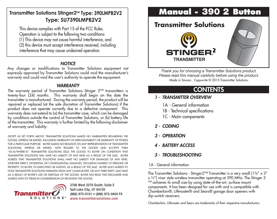 Liftmaster 81LM, Sears Craftsman Compatible - 390MHz Stinger Visor Remote 2-Button