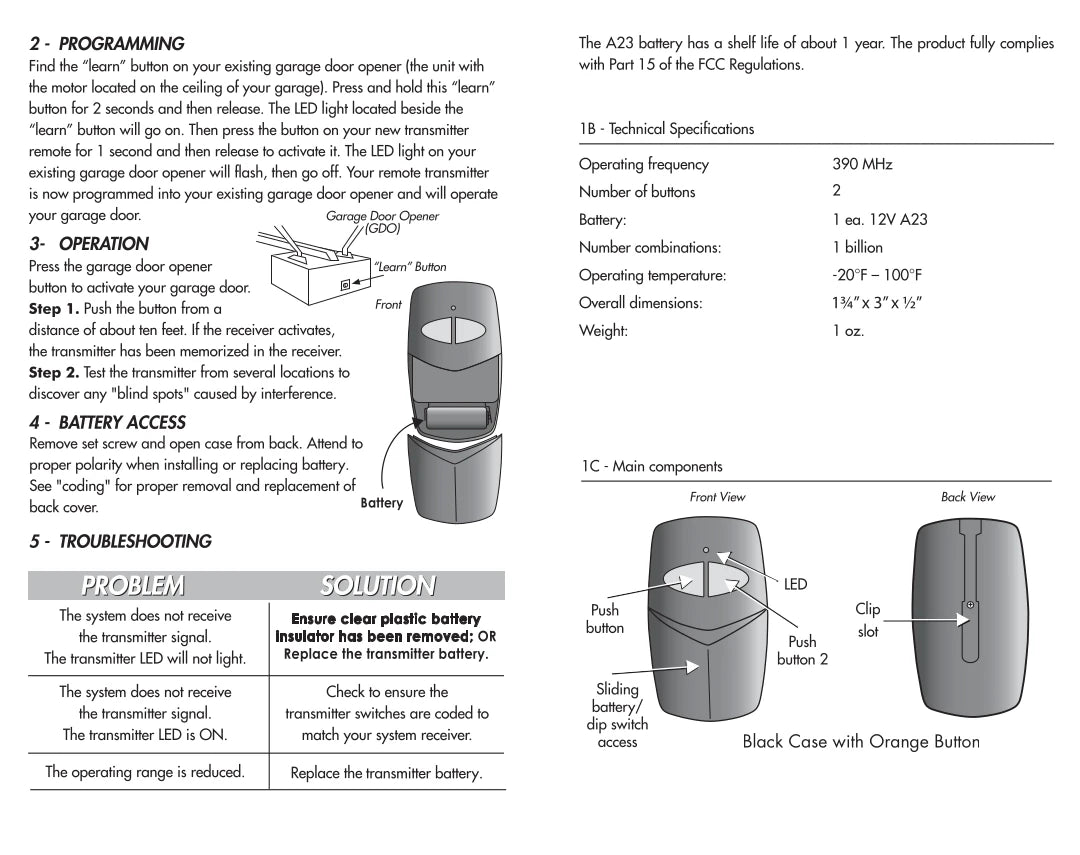 Liftmaster 81LM, Sears Craftsman Compatible - 390MHz Stinger Visor Remote 2-Button