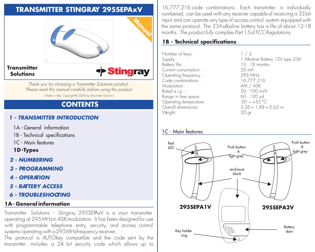 Sentex AUTOKey Compatible - 295MHz Stingray Visor Remote 1-Button