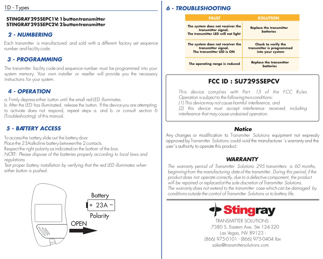 Sentex CLIKcard Compatible - 295MHz Stingray Visor Remote 2-Button