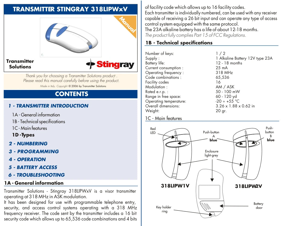Linear MCT-1 MDT-1 Compatible - 318MHz Stingray Visor Remote 1-Button 318LIPW1V