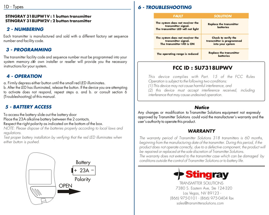 Linear MCT-1 MDT-1 Compatible - 318MHz Stingray Visor Remote 1-Button 318LIPW1V