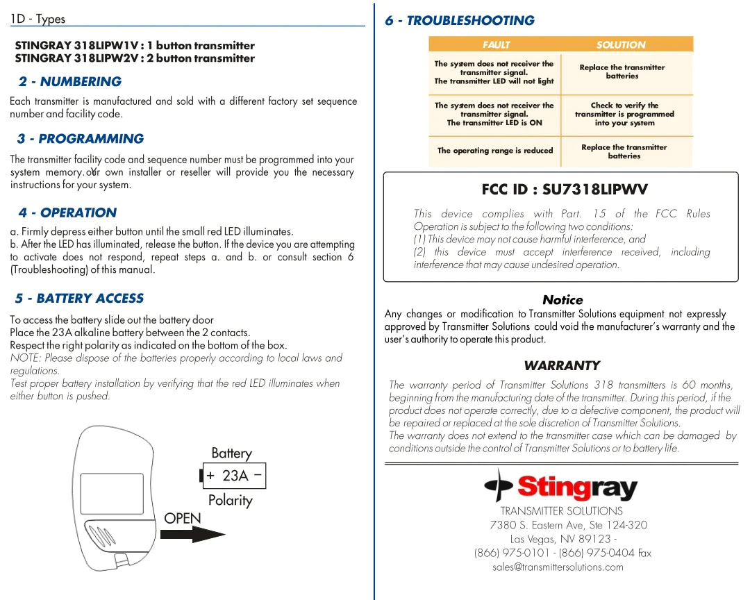 Linear MCT-2 MDT-2 Compatible - 318MHz Stingray Visor Remote 2-Button 318LIPW2V
