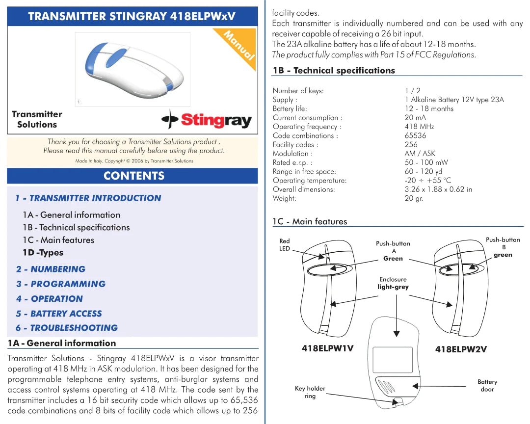 Elite DT-418 Compatible - 418MHz Stingray Visor Remote 2-Button 418ELPW2V