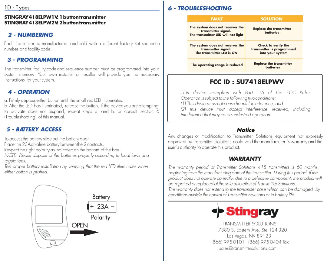 Elite DT-418 Compatible - 418MHz Stingray Visor Remote 2-Button 418ELPW2V