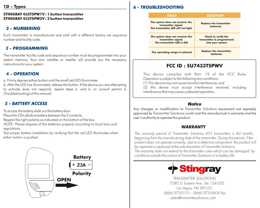 433MHz Stingray Visor Remote 2-Button 433TSPW2V