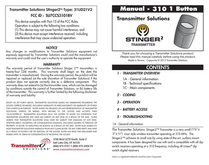 Linear DT Delta 3 Compatible - 310MHz Stinger Visor Remote 1-Button 8-Dip