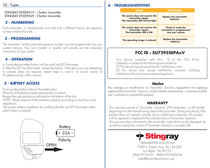 Sentex AUTOKey Compatible - 295MHz Stingray Visor Remote 1-Button