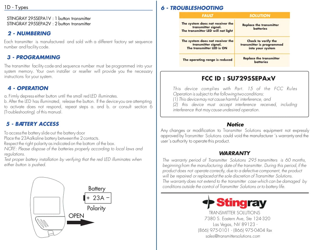 Sentex AUTOKey Compatible - 295MHz Stingray Visor Remote 2-Button