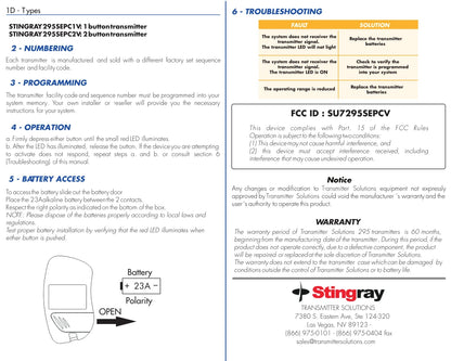 Sentex CLIKcard Compatible - 295MHz Stingray Visor Remote 1-Button 295SEPC1V