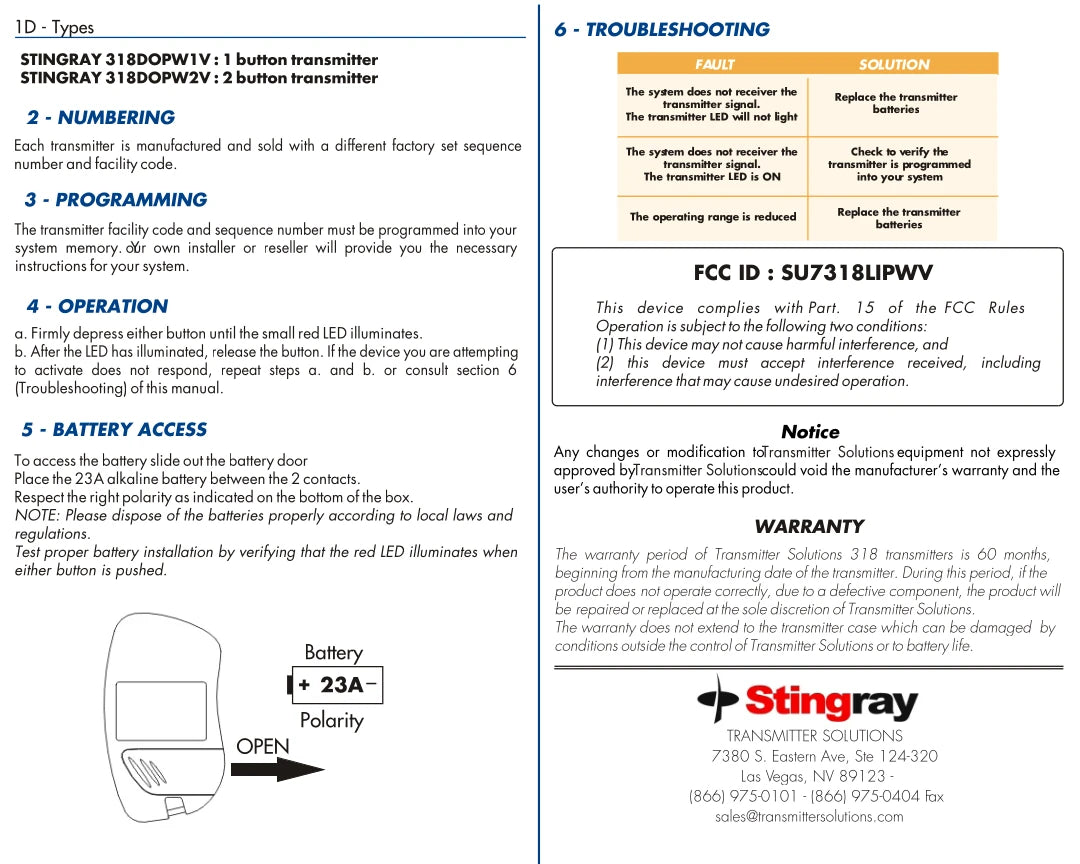 DoorKing MicroCLIK 8066-080 Compatible - 318MHz Stingray Visor Remote 1-Button 318DOPW1V